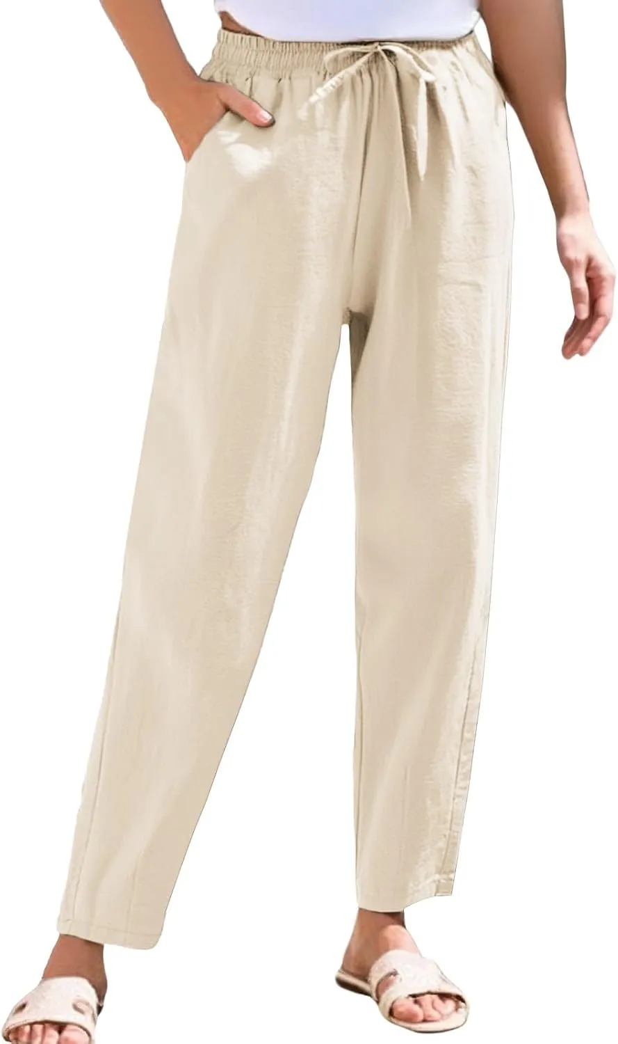 Linen Pants Women Wide Leg Palazzo Pants Drawstring Lounge Pants with Pockets High Elastic Waisted
