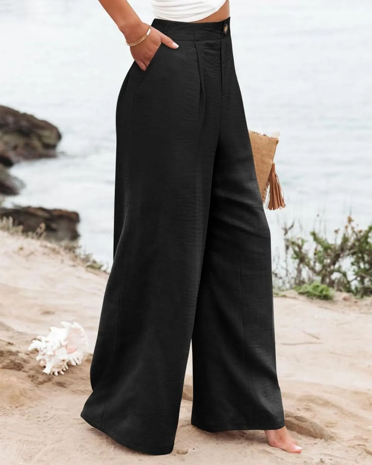 Linen Striped Pants Women Button Up Wide Leg Linen Pants Women Summer Casual Vintage Palazzo Pants with Pockets