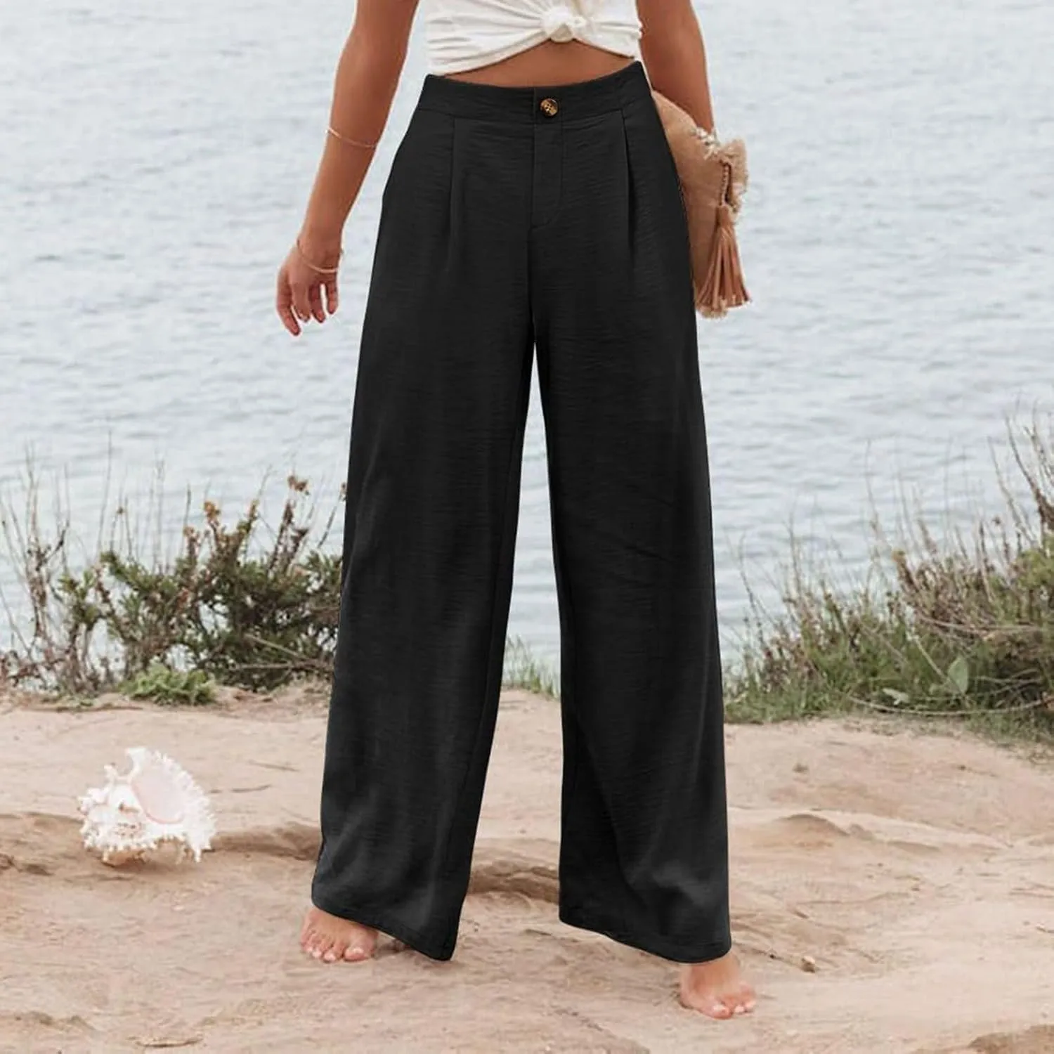 Linen Striped Pants Women Button Up Wide Leg Linen Pants Women Summer Casual Vintage Palazzo Pants with Pockets