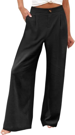 Linen Striped Pants Women Button Up Wide Leg Linen Pants Women Summer Casual Vintage Palazzo Pants with Pockets