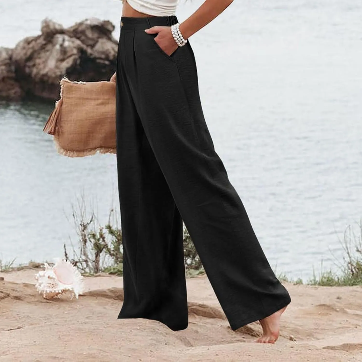 Linen Striped Pants Women Button Up Wide Leg Linen Pants Women Summer Casual Vintage Palazzo Pants with Pockets