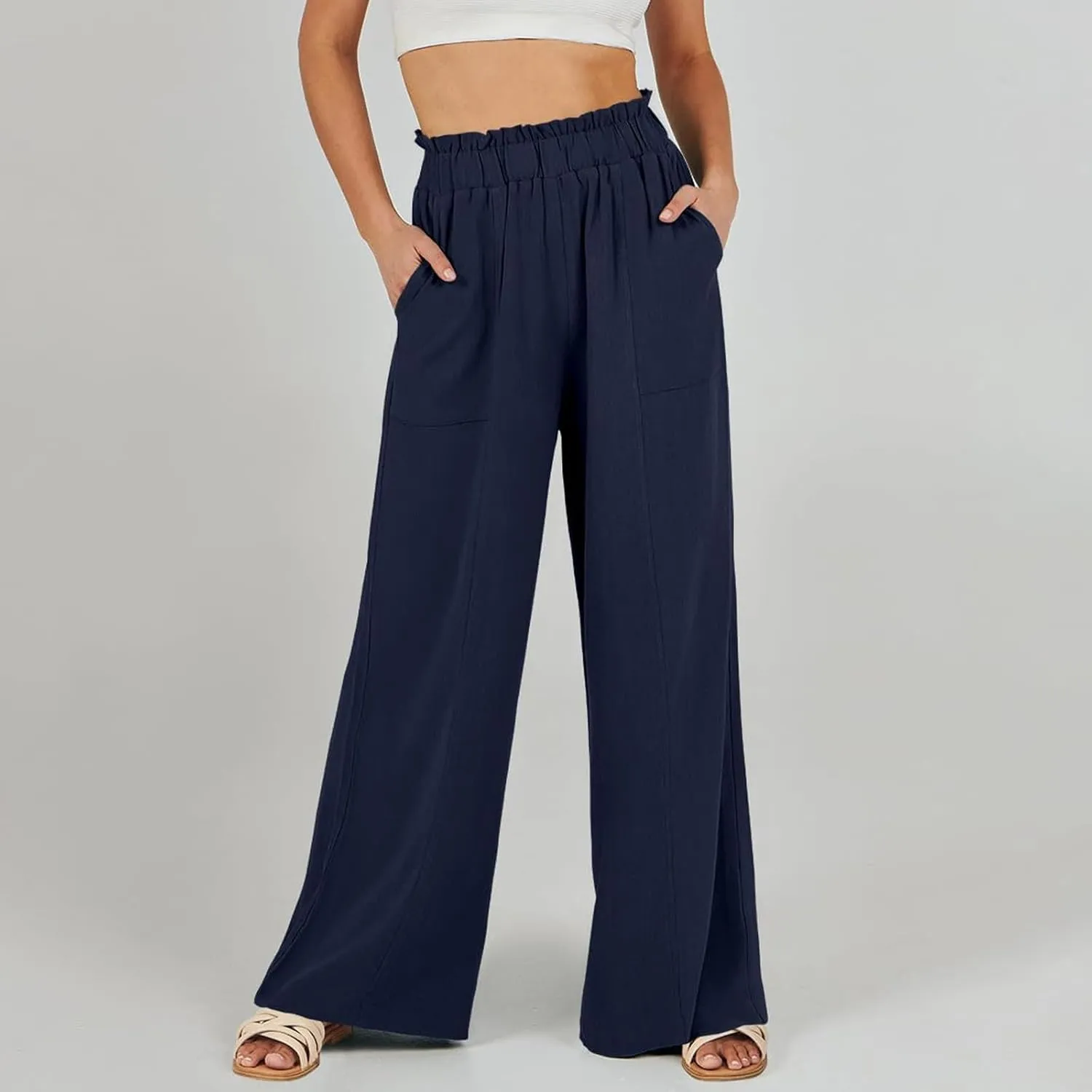 Linen Wide Leg Pants for Women Summer Casual Loose Flowy High Waited Beach Pants Trendy Summer Outfits with Pockets