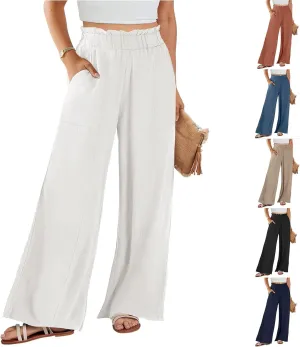Linen Wide Leg Pants for Women Summer Casual Loose Flowy High Waited Beach Pants Trendy Summer Outfits with Pockets