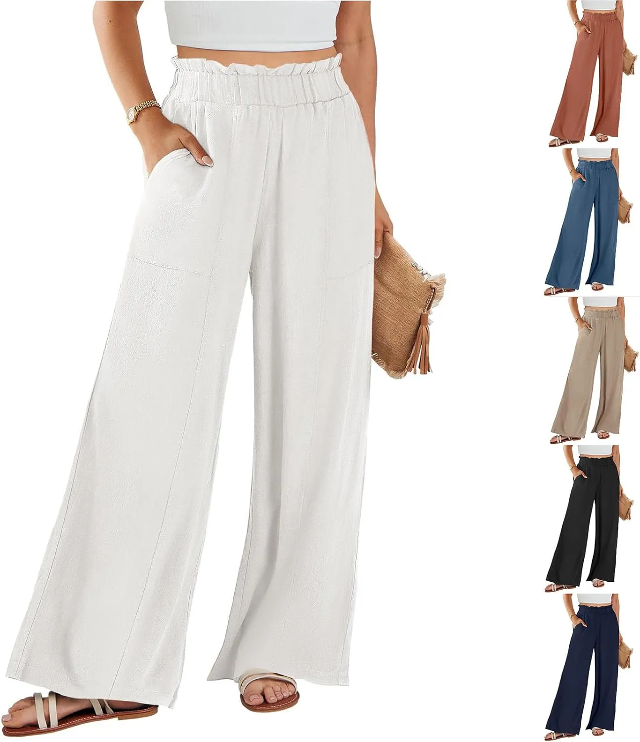 Linen Wide Leg Pants for Women Summer Casual Loose Flowy High Waited Beach Pants Trendy Summer Outfits with Pockets