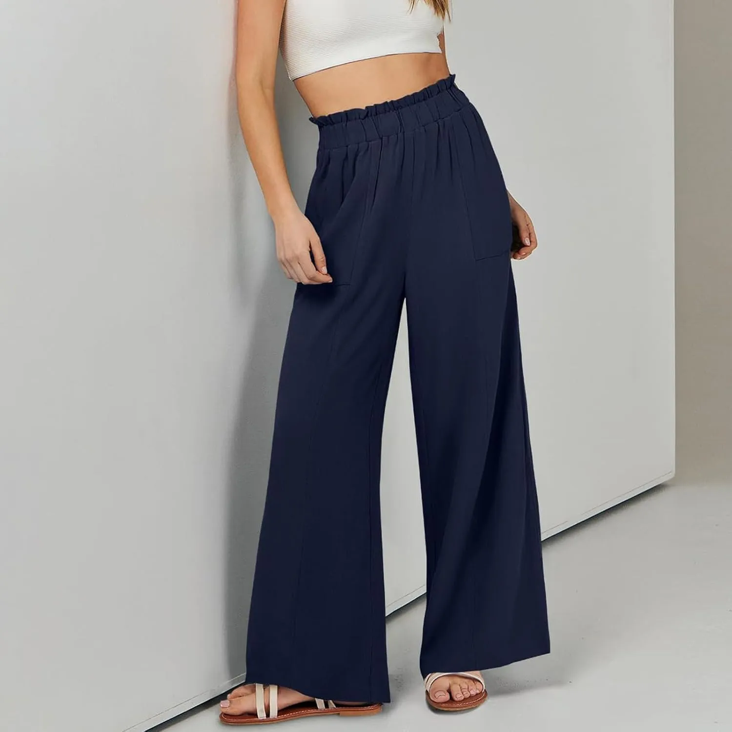 Linen Wide Leg Pants for Women Summer Casual Loose Flowy High Waited Beach Pants Trendy Summer Outfits with Pockets