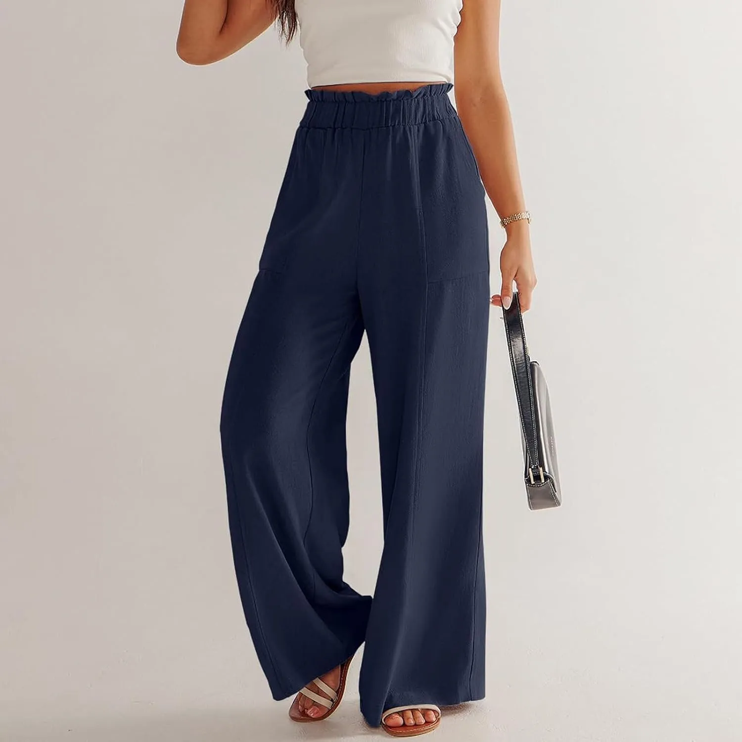 Linen Wide Leg Pants for Women Summer Casual Loose Flowy High Waited Beach Pants Trendy Summer Outfits with Pockets