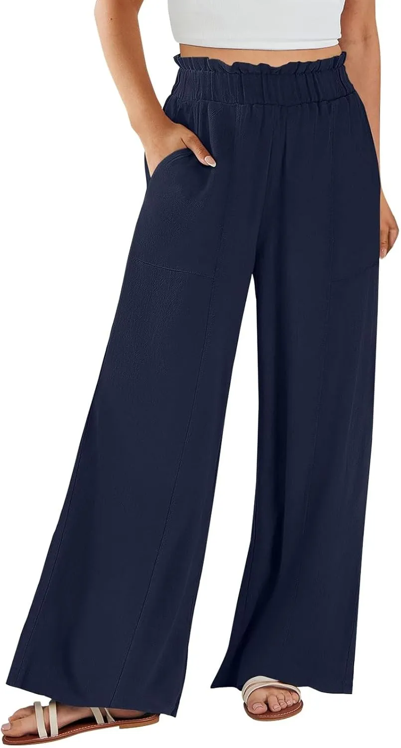 Linen Wide Leg Pants for Women Summer Casual Loose Flowy High Waited Beach Pants Trendy Summer Outfits with Pockets