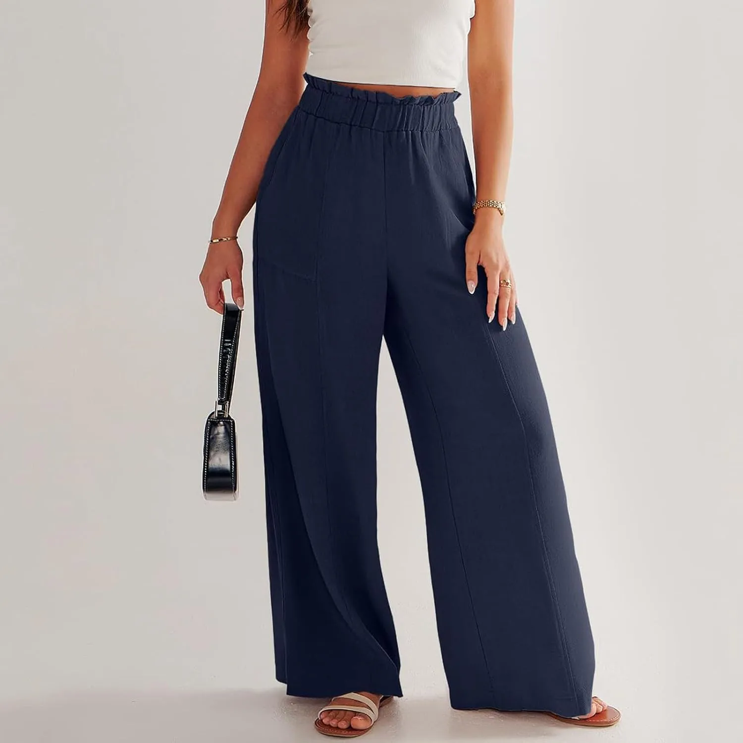 Linen Wide Leg Pants for Women Summer Casual Loose Flowy High Waited Beach Pants Trendy Summer Outfits with Pockets