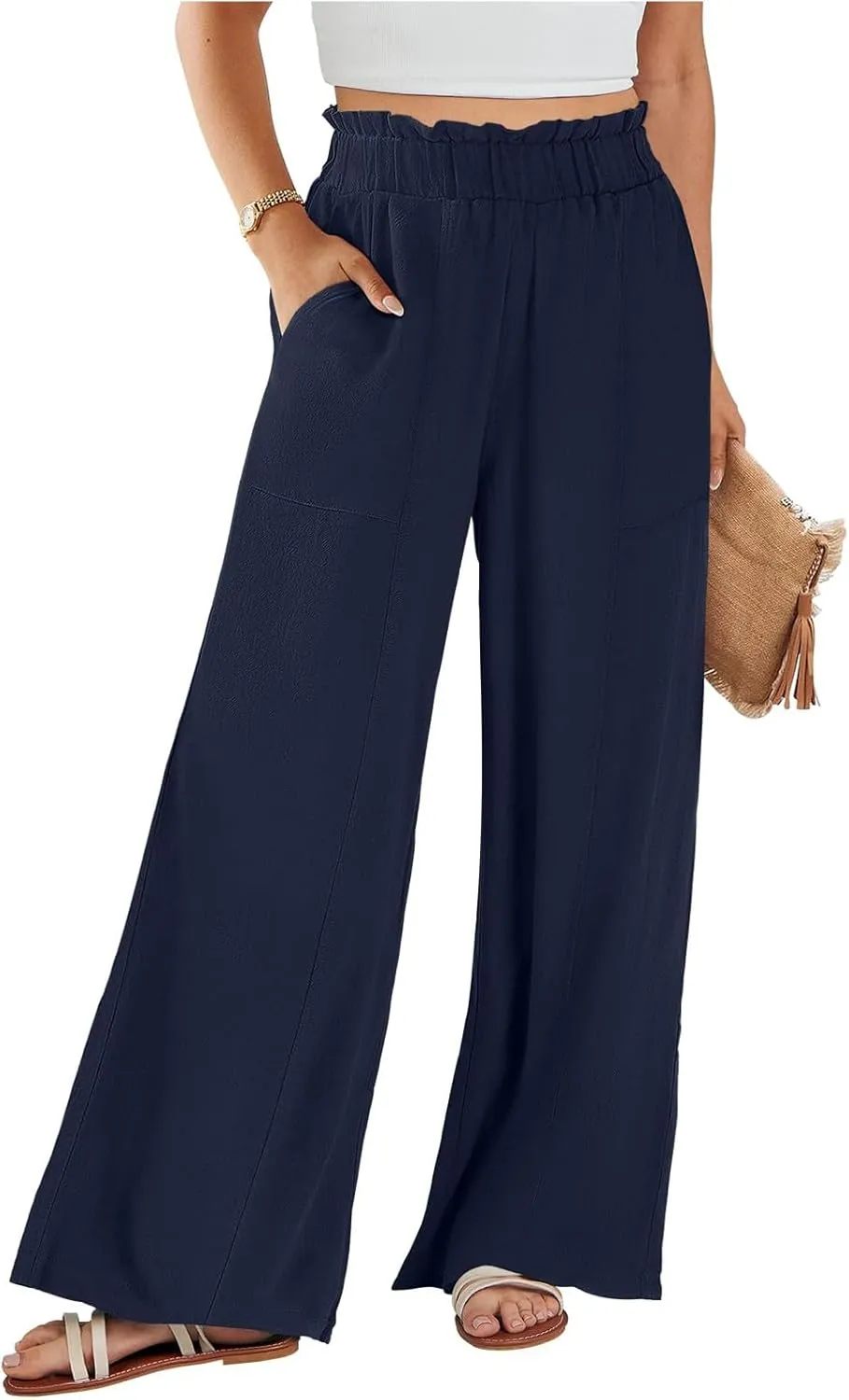 Linen Wide Leg Pants for Women Summer Casual Loose Flowy High Waited Beach Pants Trendy Summer Outfits with Pockets