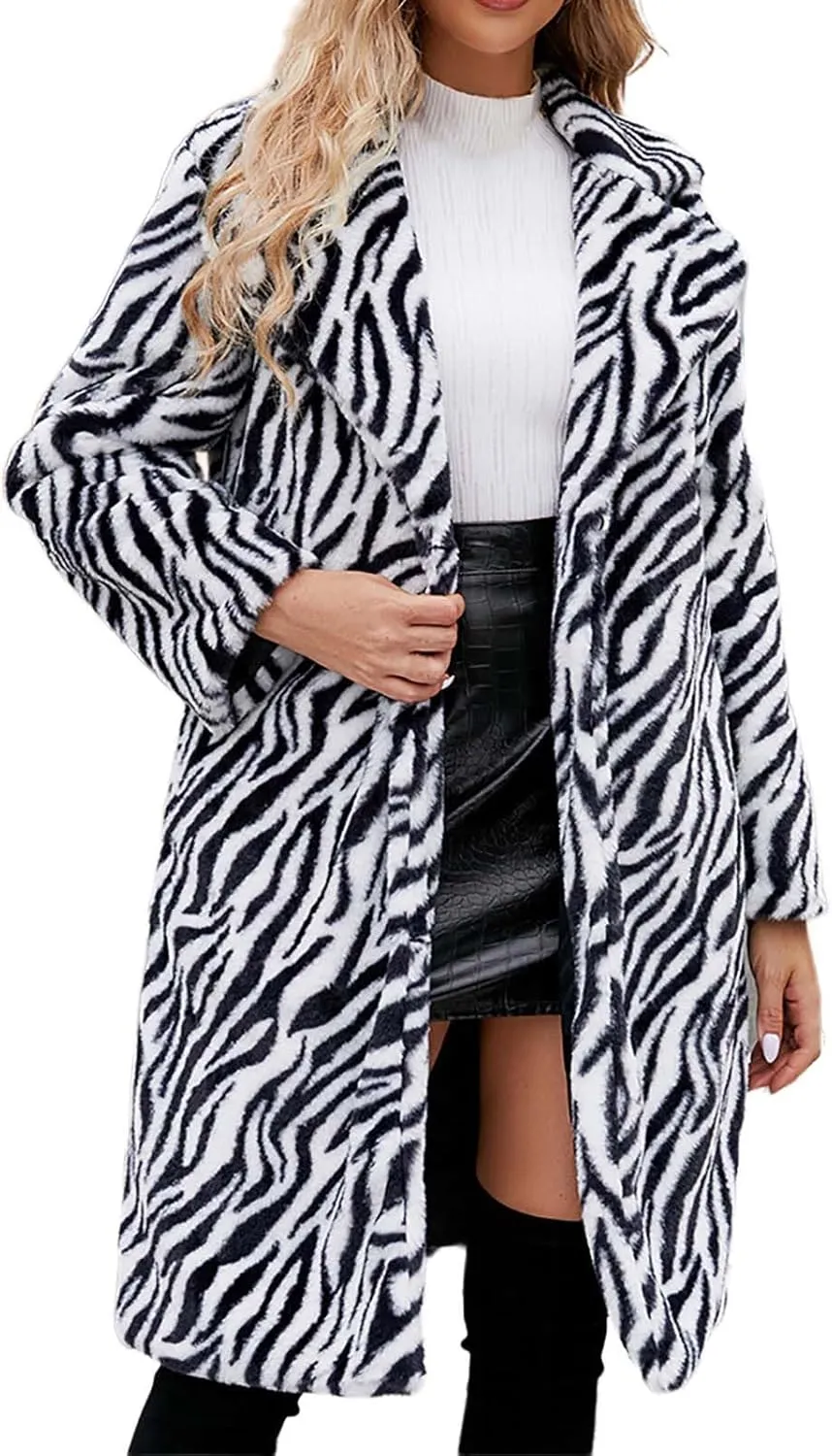 Lmdudan Womens 2024 Winter Faux Fur Coat Leopard Print Fleece Long Jacket Retro Lapel Warm Overcoat Plus Size Trench Coats