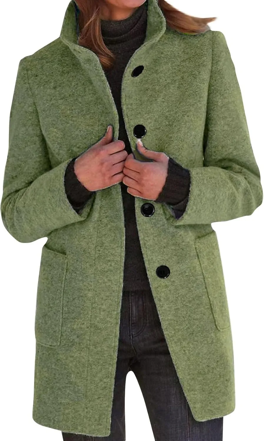 LOAIHA Long Pea Coat for Women Stand CollarThicken Wool Coats Casual Single Breasted Trench Jackets with Hood