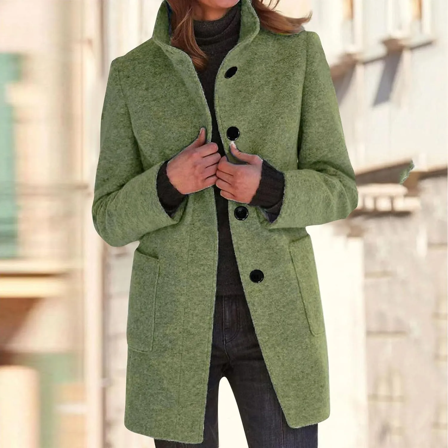 LOAIHA Long Pea Coat for Women Stand CollarThicken Wool Coats Casual Single Breasted Trench Jackets with Hood