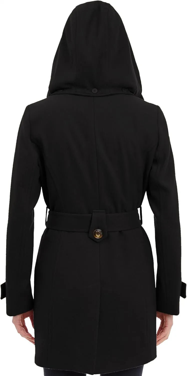 London Fog Women's Double Lapel Thigh Length Button Front Wool Coat with Belt