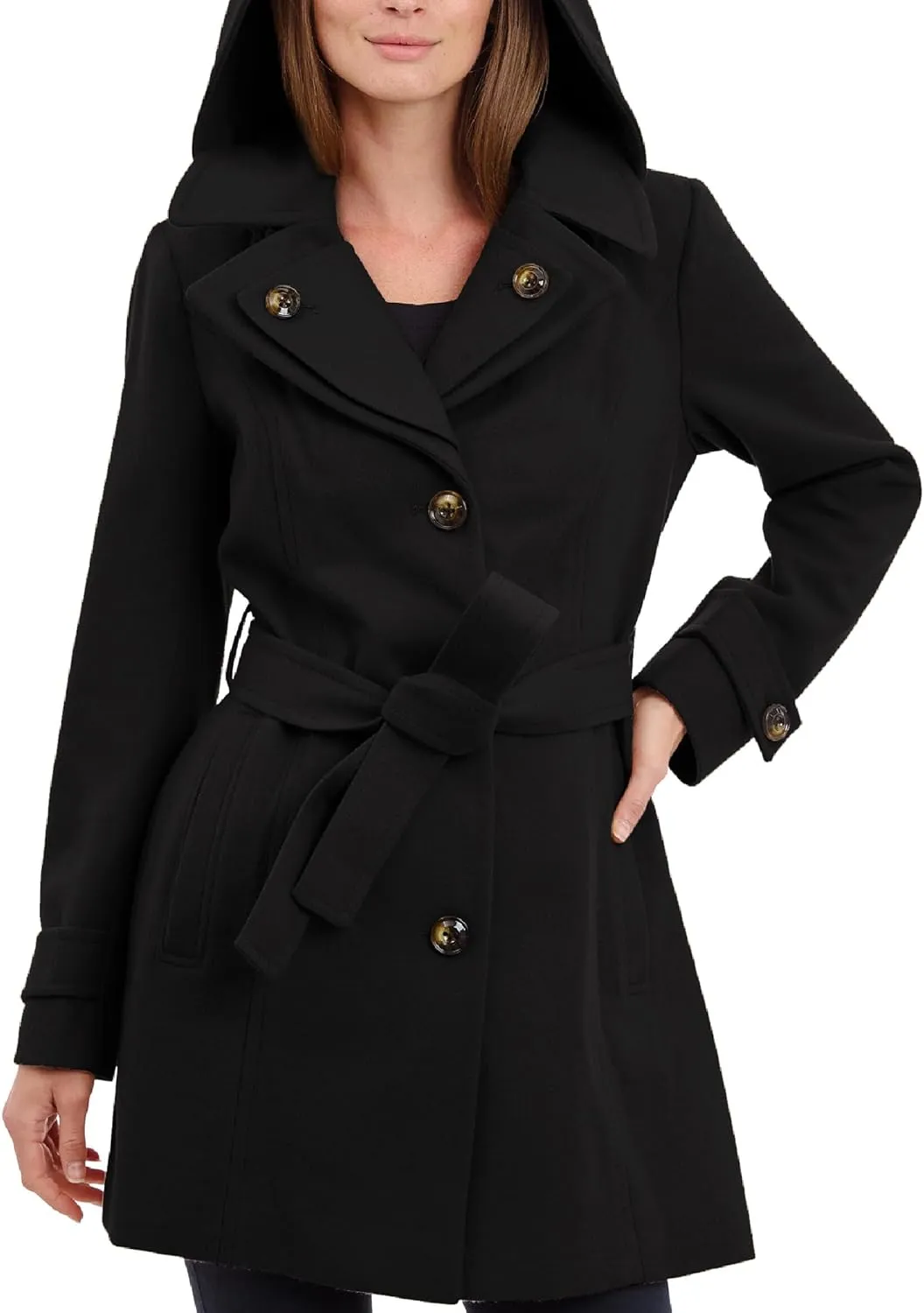 London Fog Women's Double Lapel Thigh Length Button Front Wool Coat with Belt