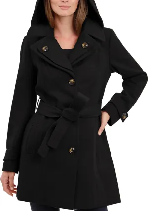 London Fog Women's Double Lapel Thigh Length Button Front Wool Coat with Belt