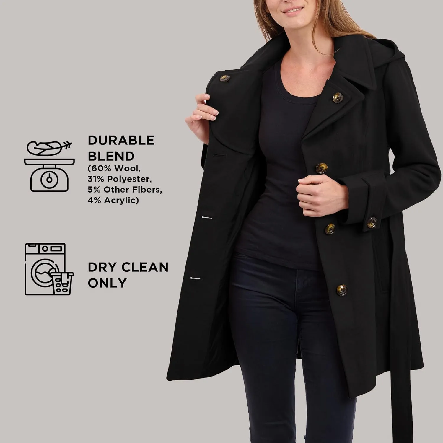 London Fog Women's Double Lapel Thigh Length Button Front Wool Coat with Belt