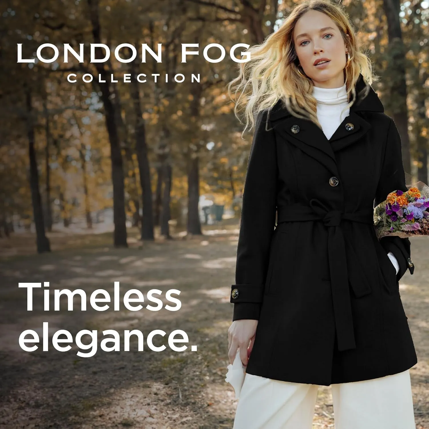 London Fog Women's Double Lapel Thigh Length Button Front Wool Coat with Belt