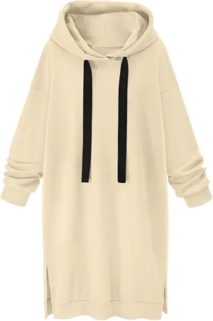 Long Hoodies for Women Oversize Longline Pullover Sweatshirt Split Hem Drawstring Hoodie Dress with Kangaroo Pocket