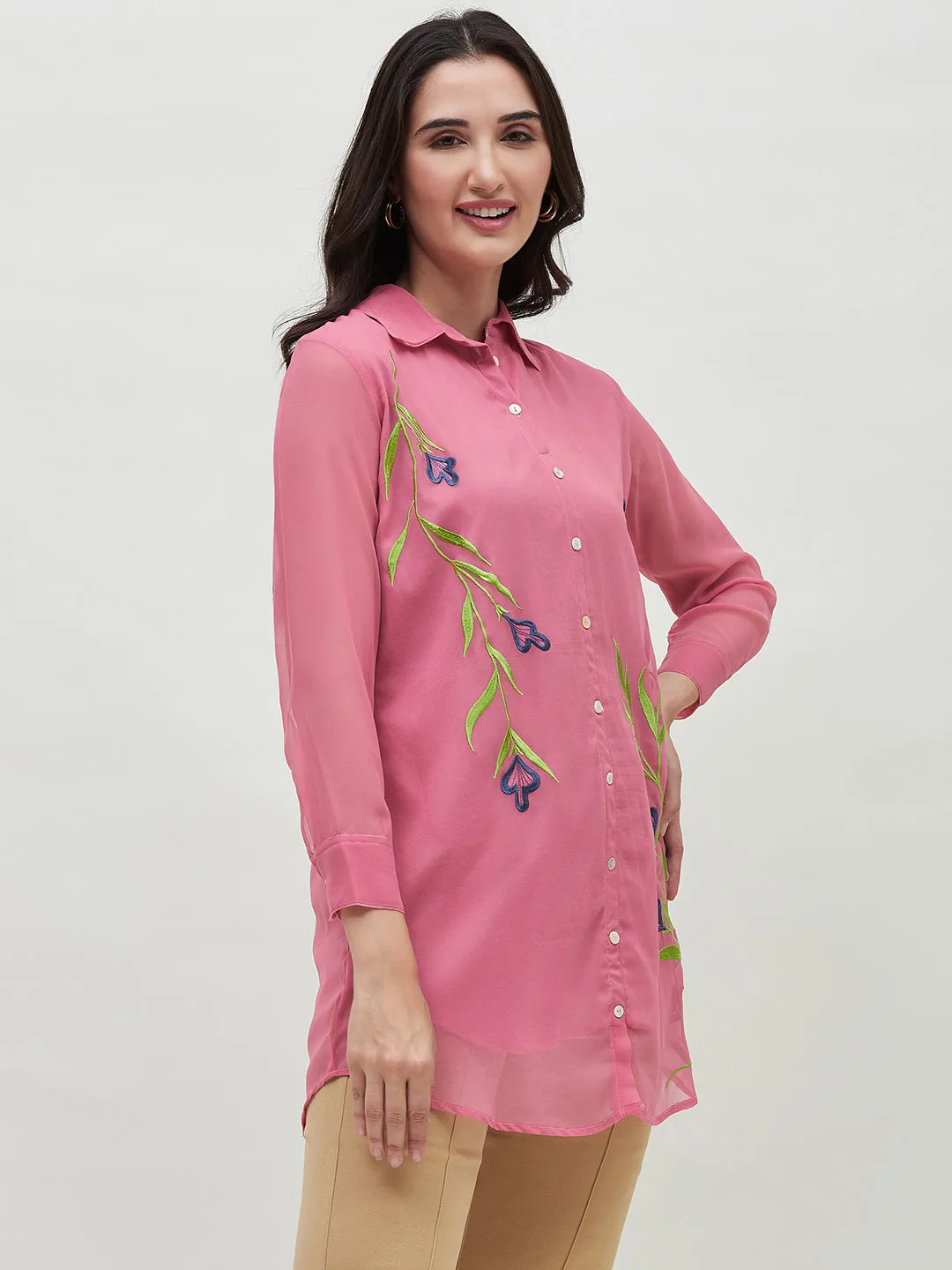 Long Pink Embroidered Shirt