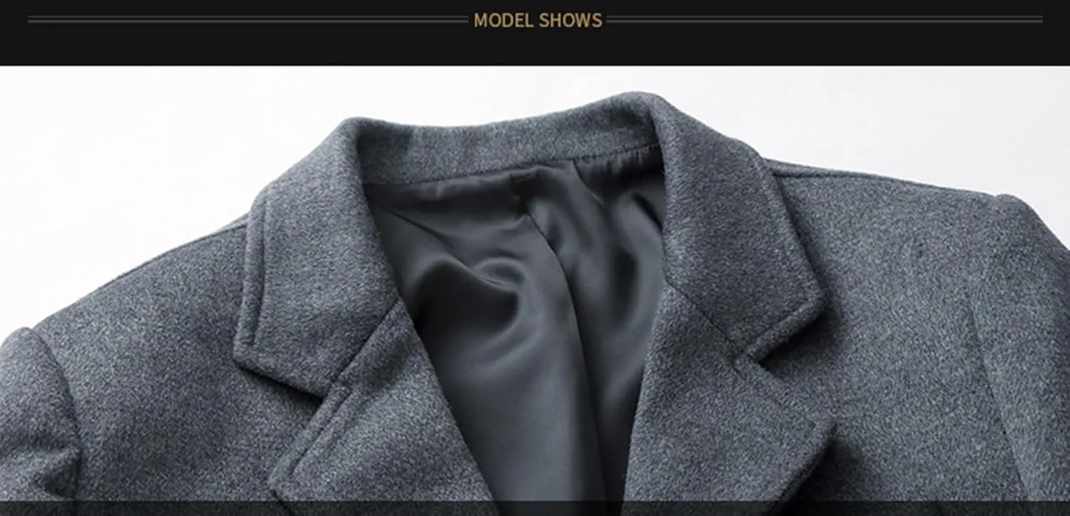 Long Wool Overcoat for Men Pea Coat Winter Warm Trench Coat
