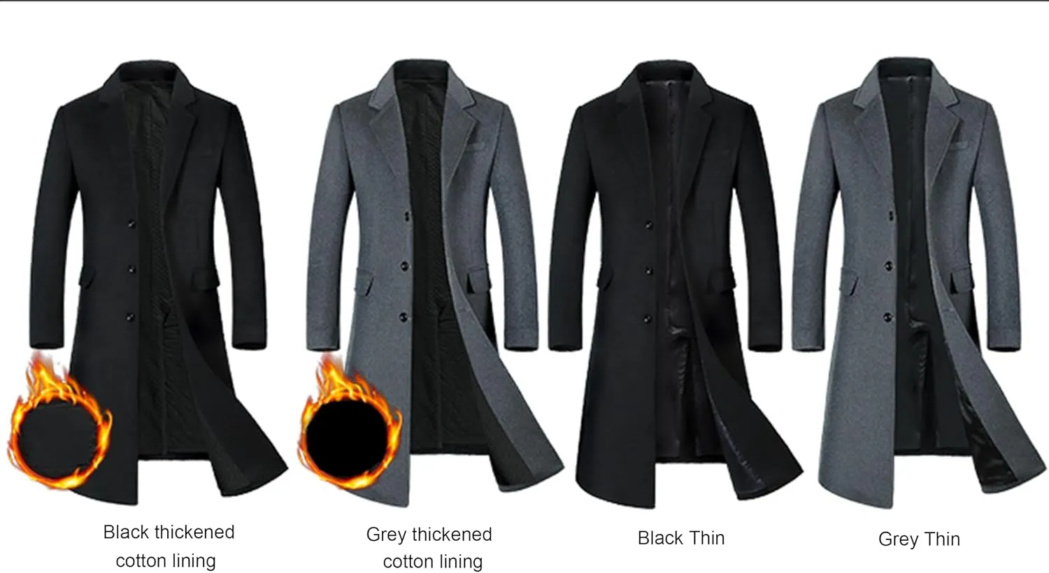 Long Wool Overcoat for Men Pea Coat Winter Warm Trench Coat