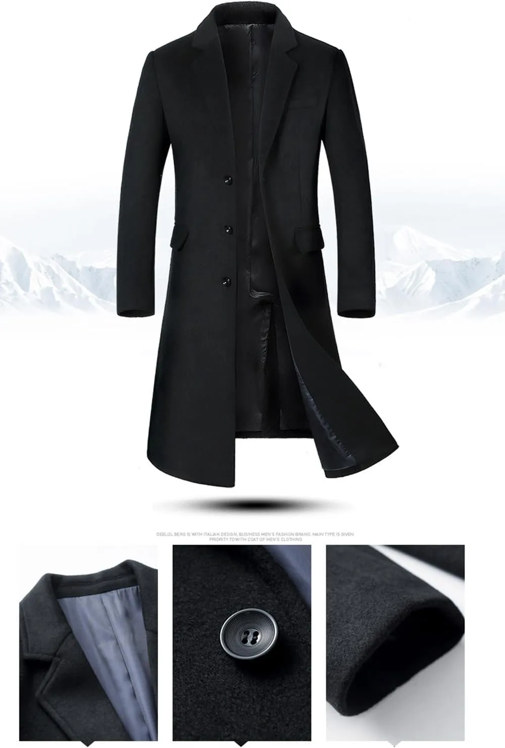 Long Wool Overcoat for Men Pea Coat Winter Warm Trench Coat