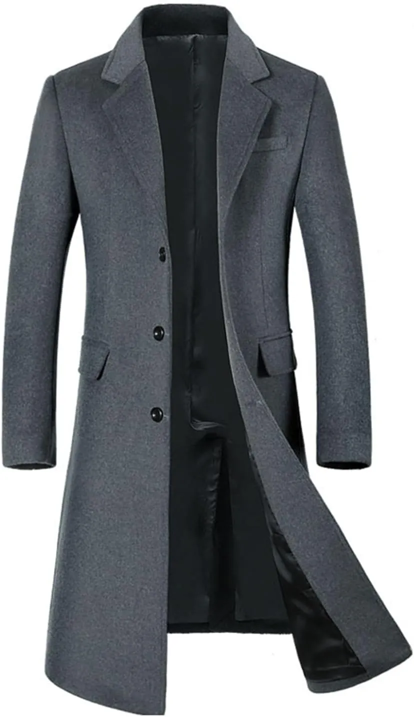 Long Wool Overcoat for Men Pea Coat Winter Warm Trench Coat