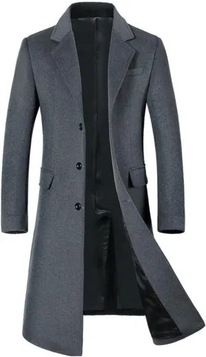 Long Wool Overcoat for Men Pea Coat Winter Warm Trench Coat