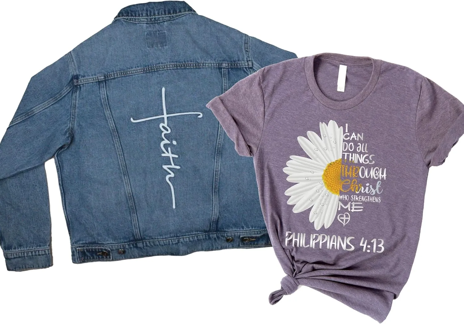 Love in Faith | Denim Jacket & I Can Do All Things Purple Tee | Graphic Print Christian Shirt | Christian Gifts | XL