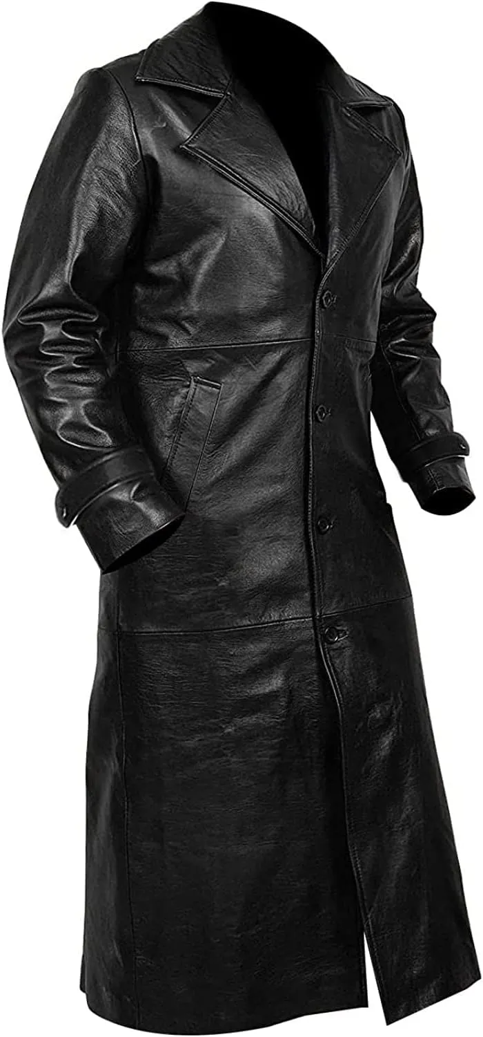 LP-FACON Mens Double Breasted Black Leather Trench Coat - Vintage German Classic WW2 Officer Military Uniform Long Jacket