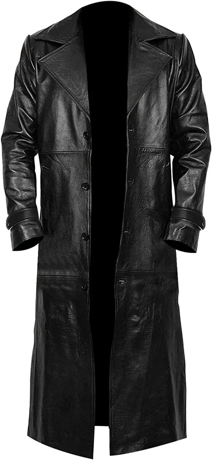 LP-FACON Mens Double Breasted Black Leather Trench Coat - Vintage German Classic WW2 Officer Military Uniform Long Jacket