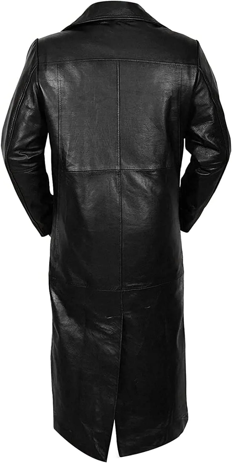 LP-FACON Mens Double Breasted Black Leather Trench Coat - Vintage German Classic WW2 Officer Military Uniform Long Jacket