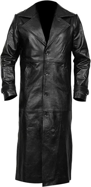 LP-FACON Mens Double Breasted Black Leather Trench Coat - Vintage German Classic WW2 Officer Military Uniform Long Jacket