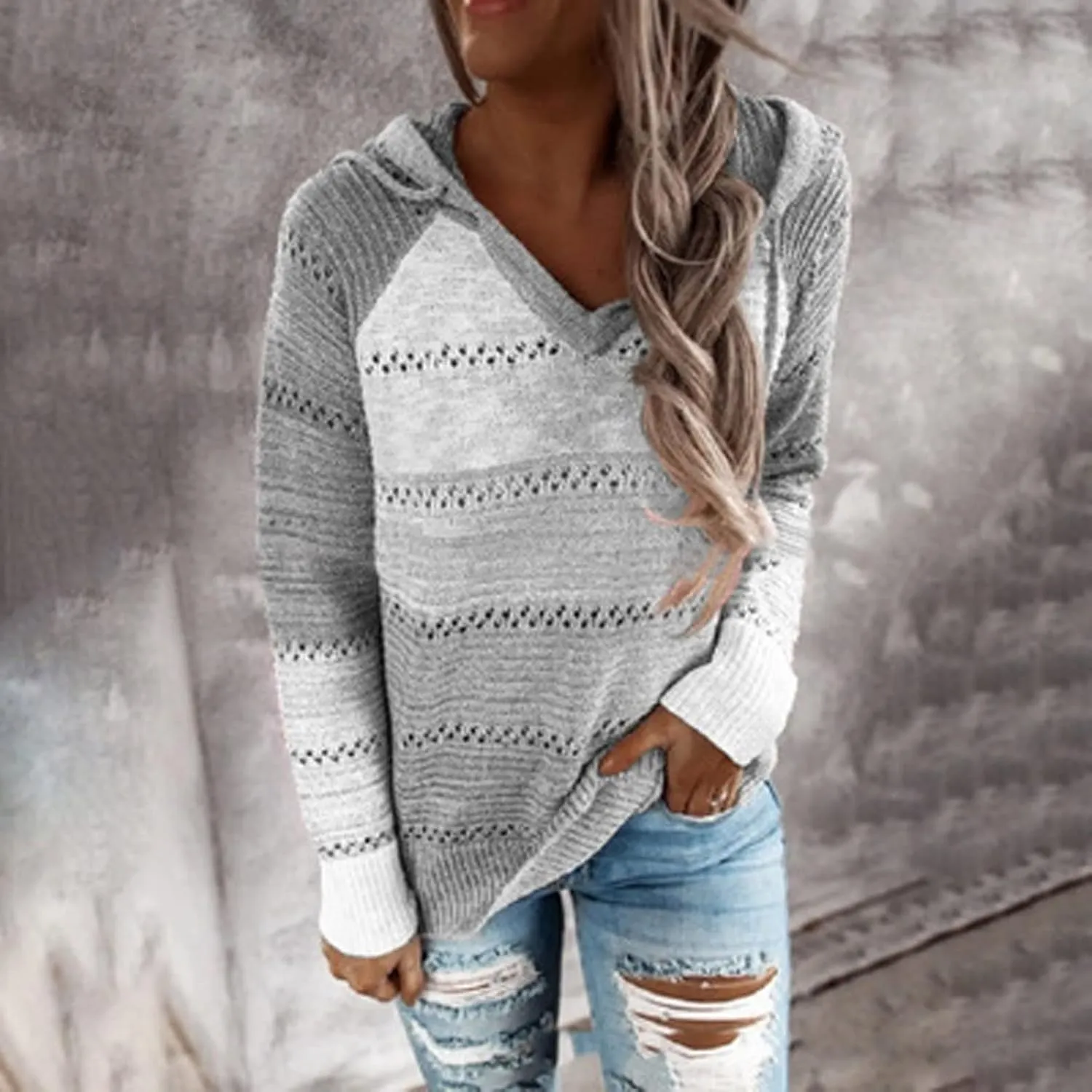 LRMQS Womens Fall Fashion 2024 Color Block Drawstring Hoodies Sweater Trendy Casual Loose Cute Knit Pullover Winter Clothes
