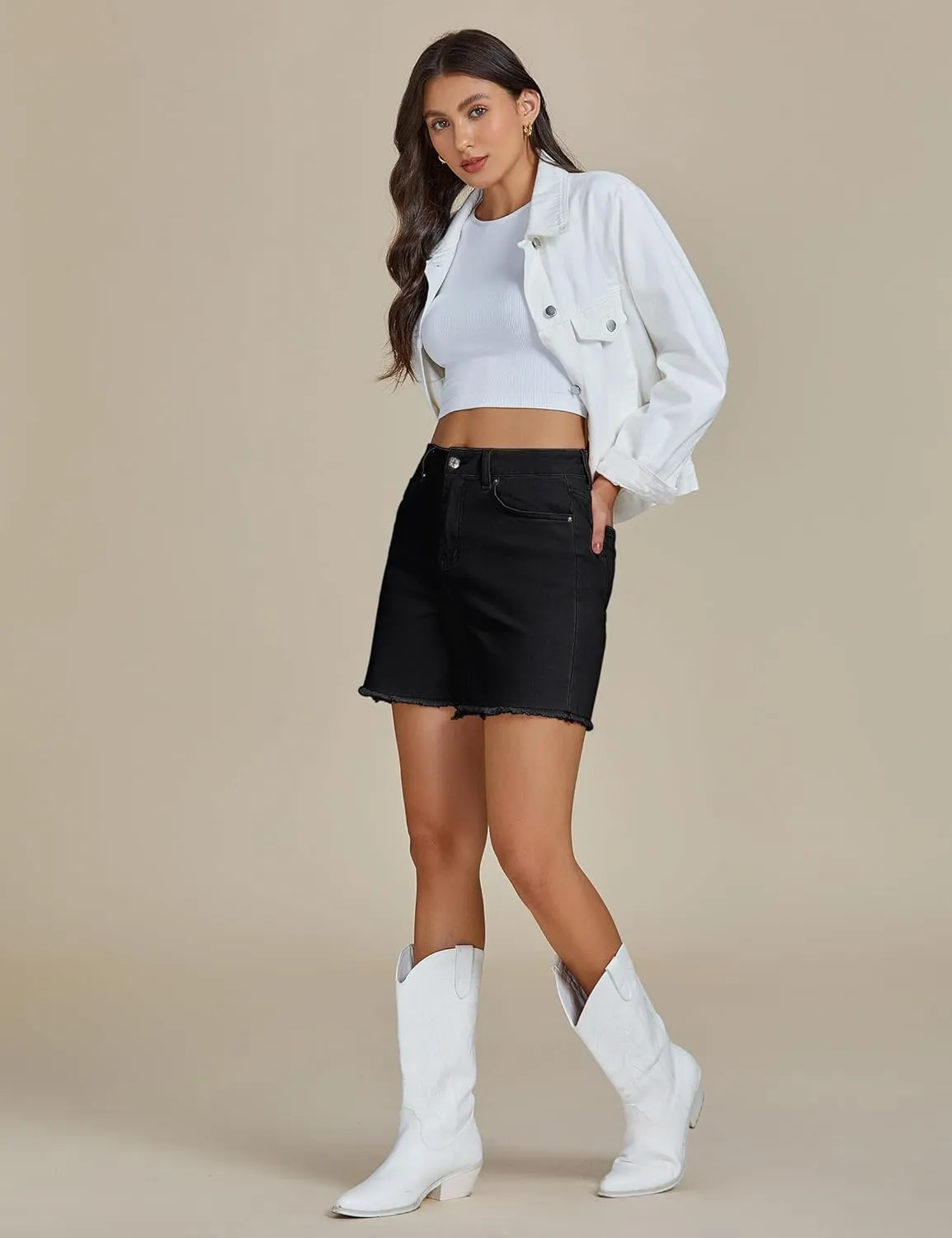 luvamia FleXclusive Jean Shorts for Women Trendy High Waisted Stretchy Denim Summer Raw Hem Mom Long Shorts Cutoff Jorts