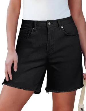 luvamia FleXclusive Jean Shorts for Women Trendy High Waisted Stretchy Denim Summer Raw Hem Mom Long Shorts Cutoff Jorts