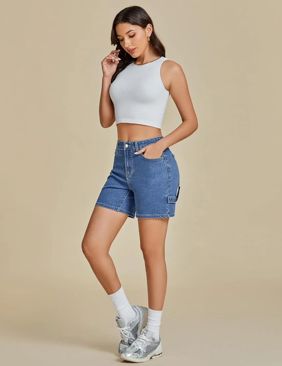 luvamia Jean Shorts for Women High Waisted Trendy Casual Utility Stretchy Denim Jorts Cutoff Long Shorts with Pockets