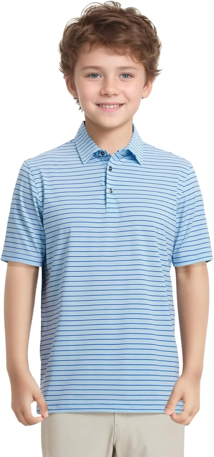 M MAELREG Boys' Polo Shirt Striped Short Sleeve Moisture Wicking Performance Stretch Active Casual Collared Kids Golf Shirt