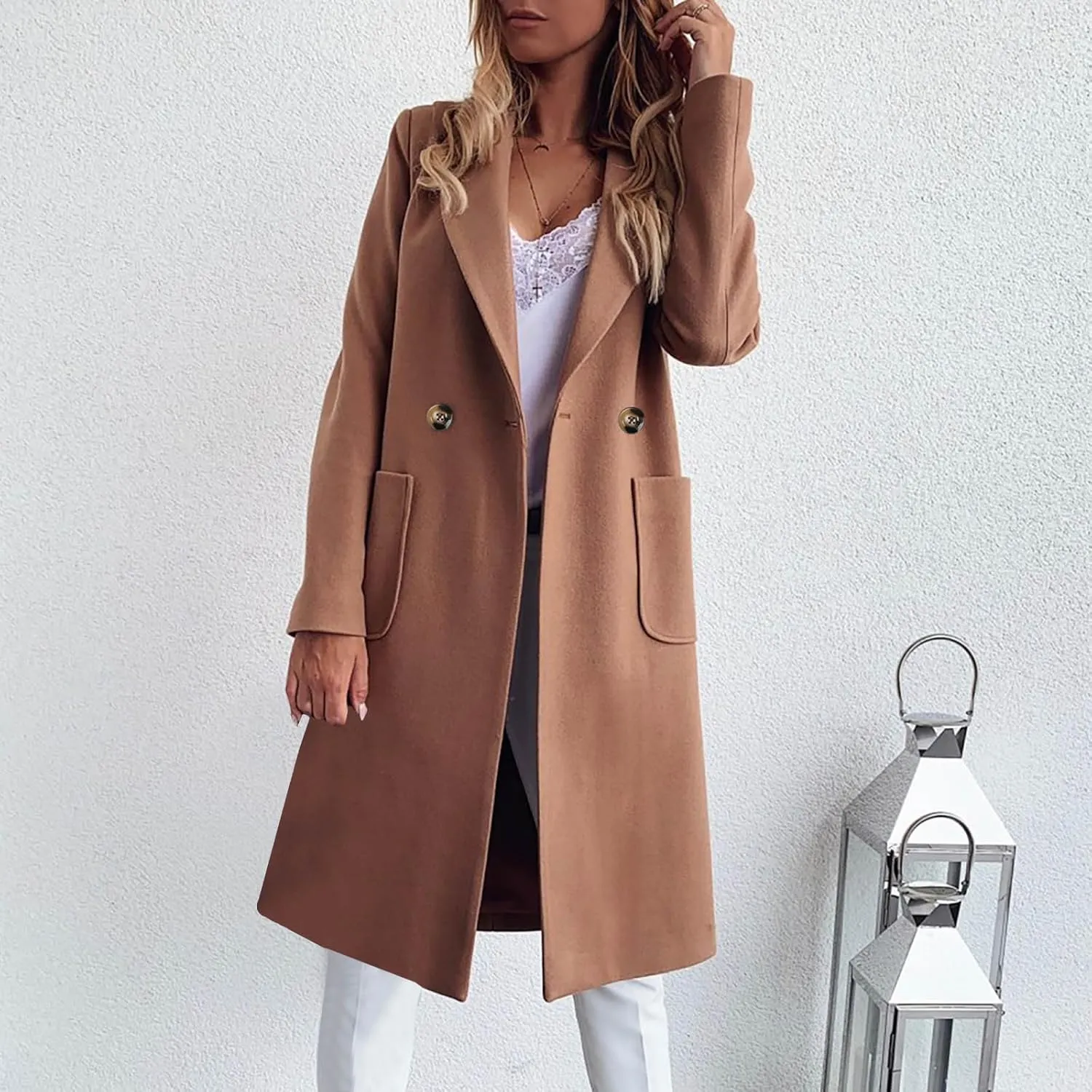 maisdgop Women's Trench Coat Winter Wool Blend Coats Trendy Double Breasted Lapel Jacket Open Front Windbreaker with Pockets