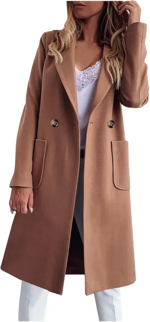 maisdgop Women's Trench Coat Winter Wool Blend Coats Trendy Double Breasted Lapel Jacket Open Front Windbreaker with Pockets