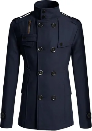 Maiyifu-GJ Men Double Breasted Wool Blend Pea Coat Winter Mid Long Windbreaker Overcoat Slim Fit Warm Trench Coat Outerwear