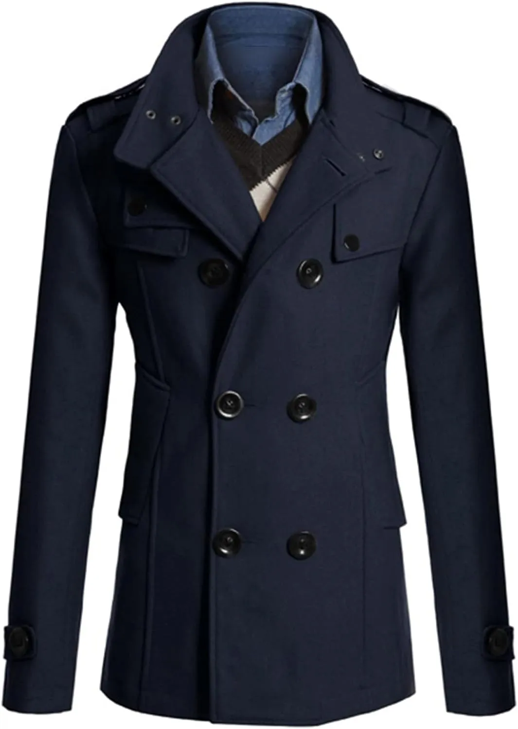 Maiyifu-GJ Men Double Breasted Wool Blend Pea Coat Winter Mid Long Windbreaker Overcoat Slim Fit Warm Trench Coat Outerwear