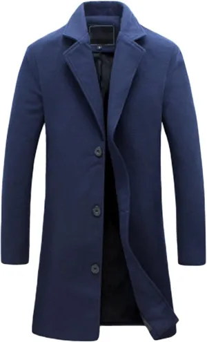 Maiyifu-GJ Men's Casual Mid-Length Trench Coat Single Breasted Business Pea Coats Winter Notched Lapel Windbreaker Jacket