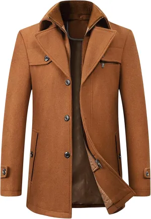 Maiyifu-GJ Mens Layered Collar Pea Coat Single Breasted Quilted Lined Military Peacoat Winter Lapel Wool Blend Trench Jacket