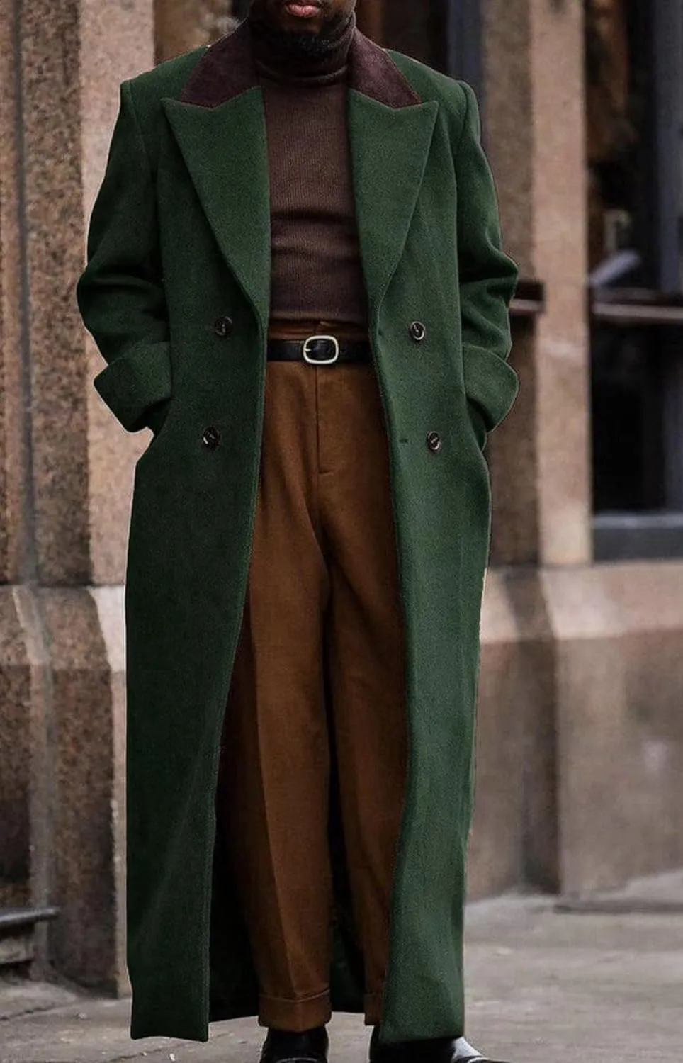 Man's Double Breasted Full Length Trench Coat Mens Casual Notch Lapel Long Jacket Peacoat Wool Blend Winter