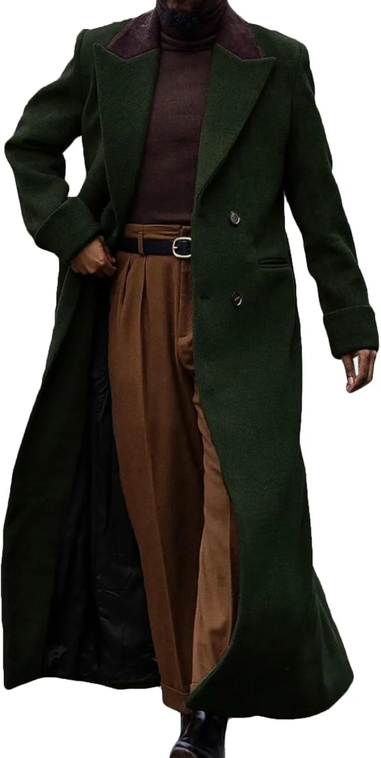 Man's Double Breasted Full Length Trench Coat Mens Casual Notch Lapel Long Jacket Peacoat Wool Blend Winter