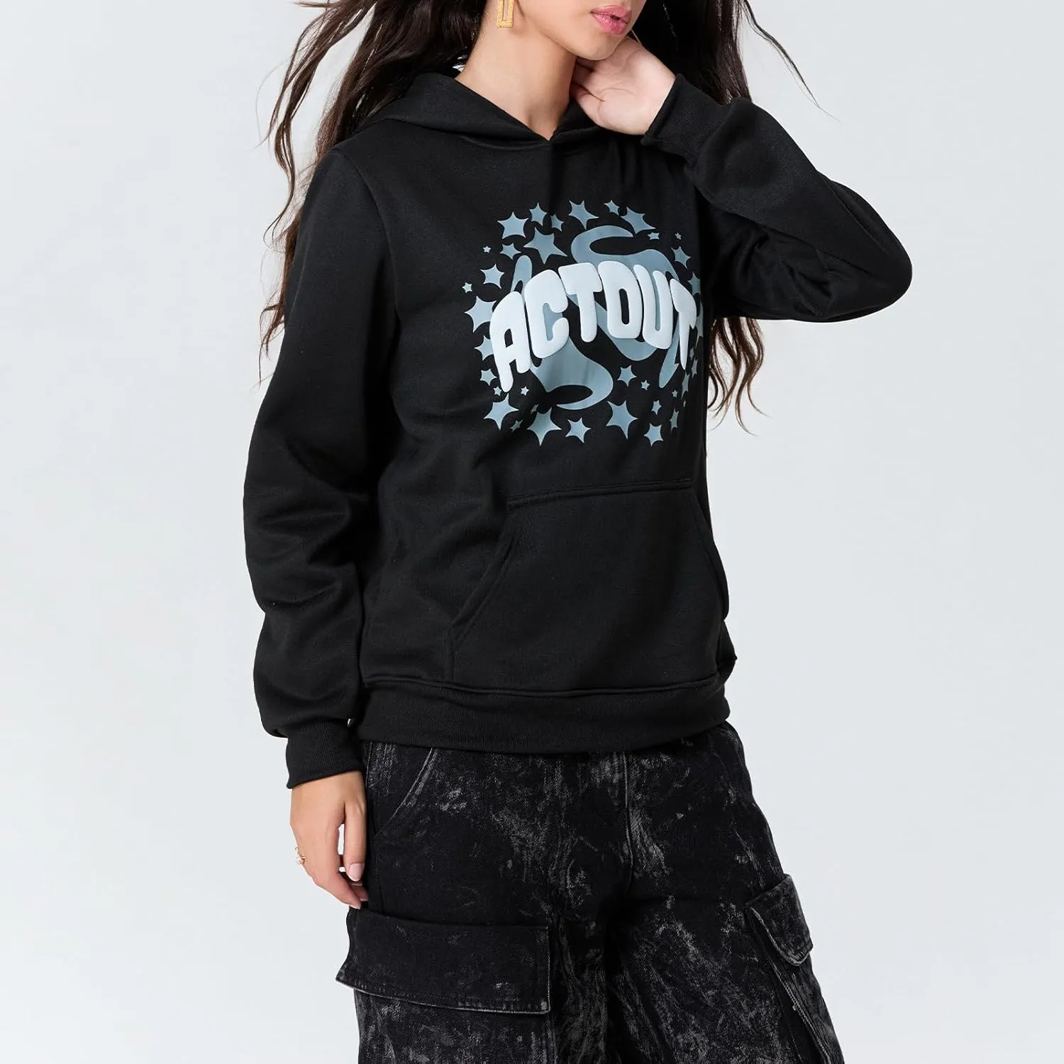 Meiweileya Womens Y2k Star Graphic Print Hoodies Oversized Aesthetic Long Sleeve Pullover Tops