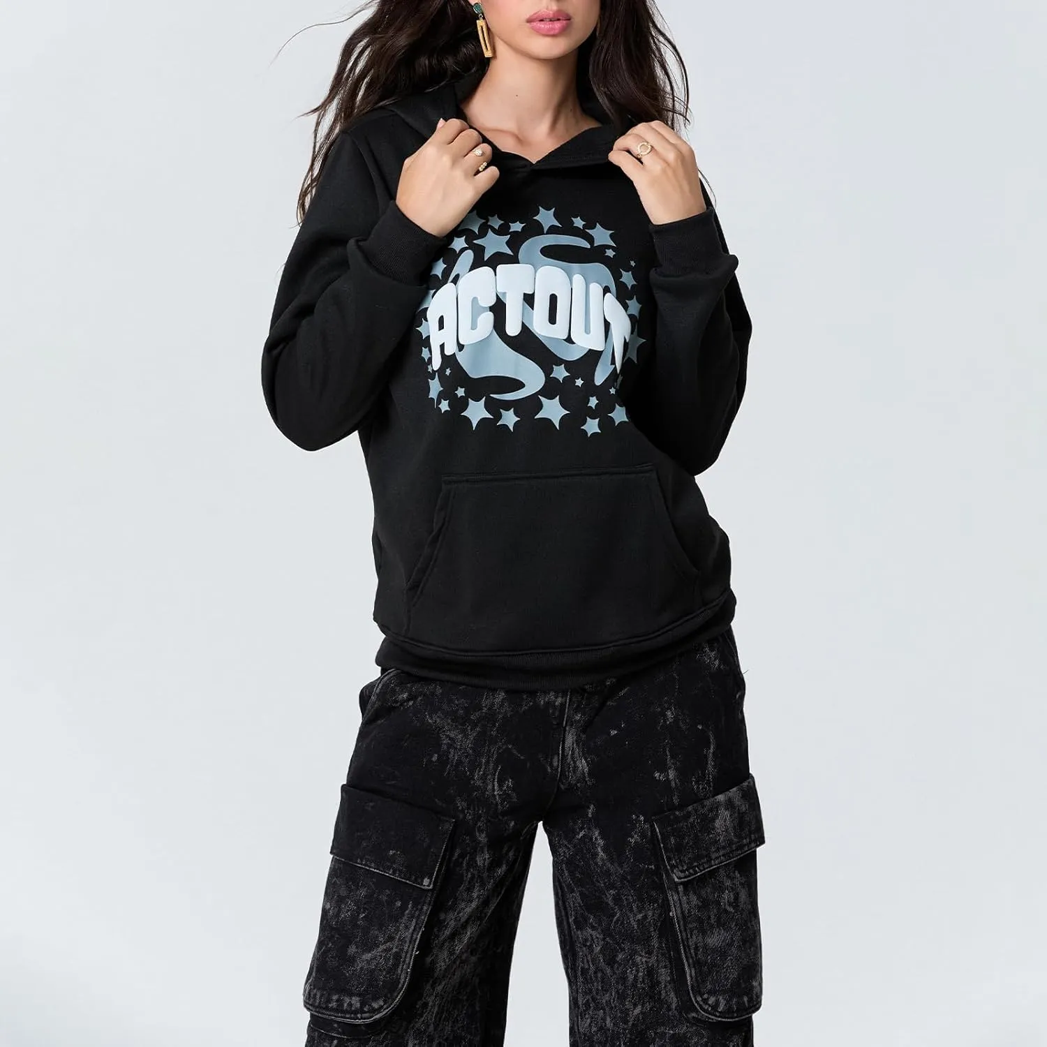 Meiweileya Womens Y2k Star Graphic Print Hoodies Oversized Aesthetic Long Sleeve Pullover Tops