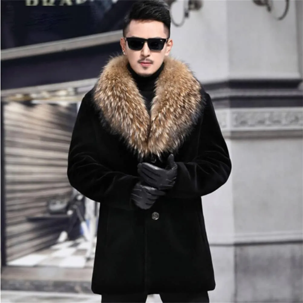 Men Long Faux Fur Coat Fluffy Fur Collar Luxury Outerwear Winter Thicken Warm Overcoat Soft Jacket
