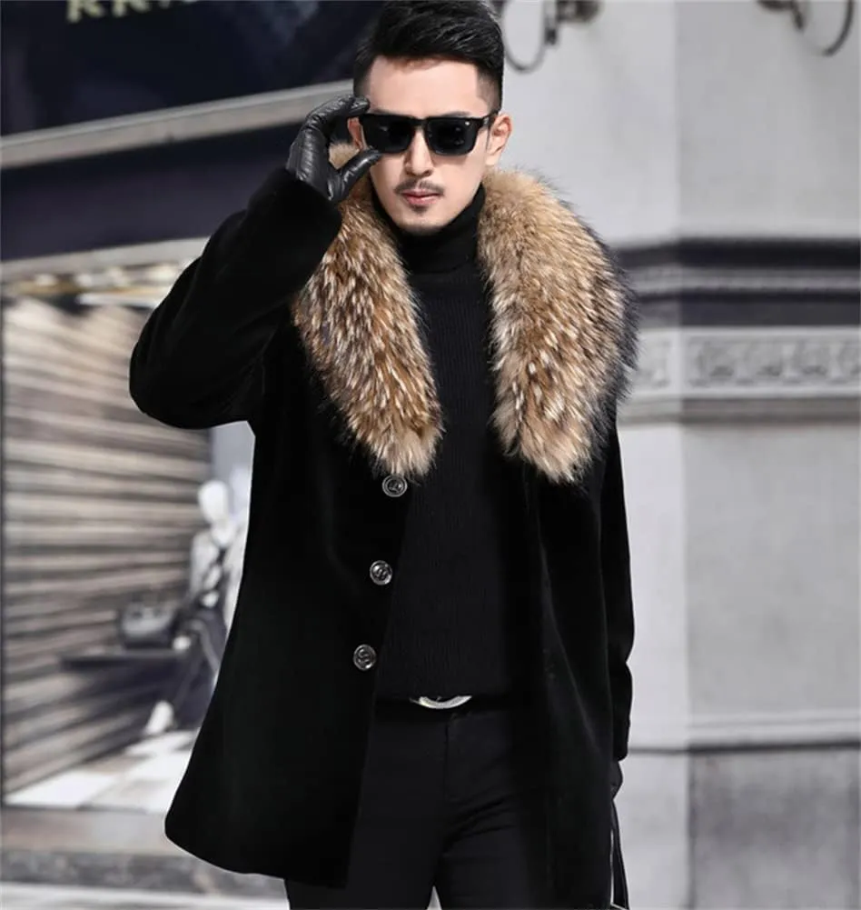 Men Long Faux Fur Coat Fluffy Fur Collar Luxury Outerwear Winter Thicken Warm Overcoat Soft Jacket